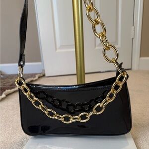 Forever 21 Black Shiny Shoulder Bag with Gold Chain
